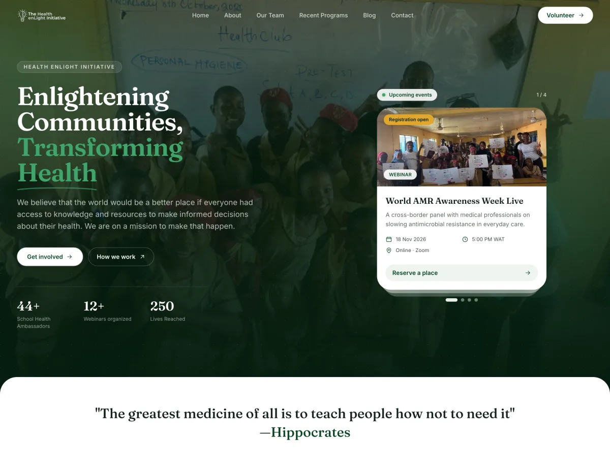 The Health enLight Initiative website homepage, showing a stack of upcoming event cards