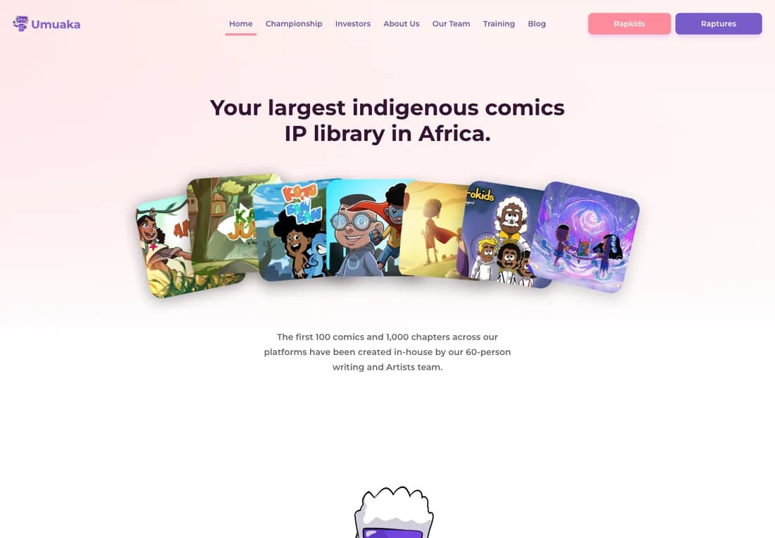 Raptures website showcasing African comics and stories